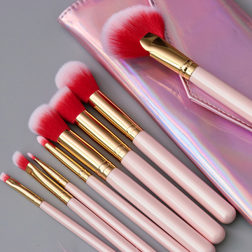 8 Pieces Travel Make Up Brush Set Pink With Rainbow Cosmetic Bag