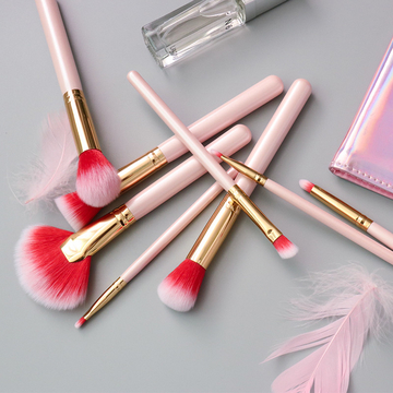 8 Pieces Travel Make Up Brush Set Pink With Rainbow Cosmetic Bag