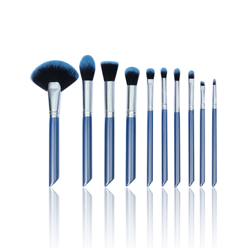 Elegant Blue 10 Piece Makeup Brush Set Bling Glitter Wooden Handle Vegan
