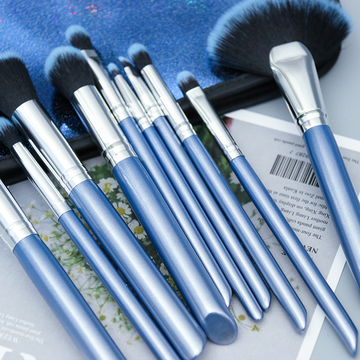 Elegant Blue 10 Piece Makeup Brush Set Bling Glitter Wooden Handle Vegan